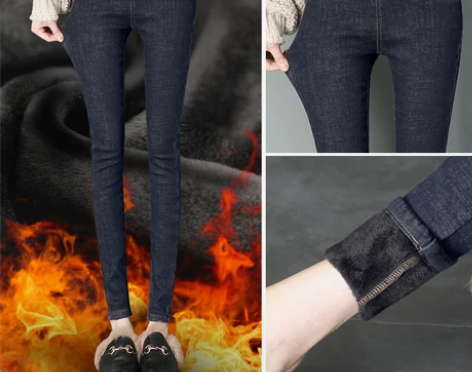 【双11狂欢价】松紧腰加绒牛仔裤女高腰弹力...