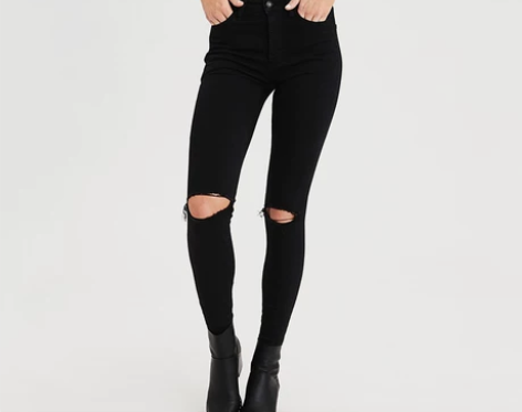 AEO黑色破洞牛仔裤女超高腰紧身小脚裤Am...