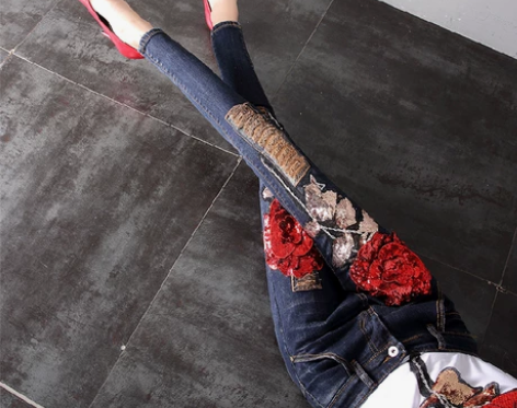 欧洲站2017秋新款韩版女红玫瑰花亮片磨破...