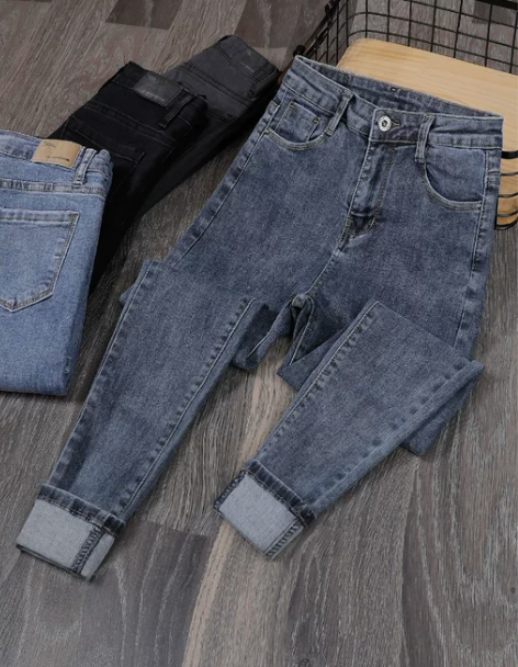 高腰紧身小脚牛仔裤女2021春秋新款修身大...