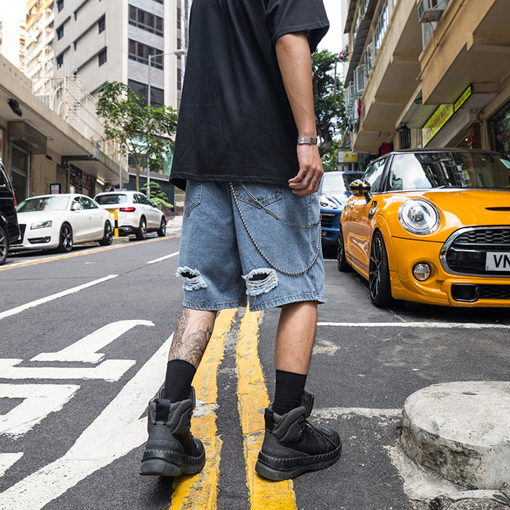 夏季高街宽松洗水做旧破洞乞丐休闲百搭牛仔短...