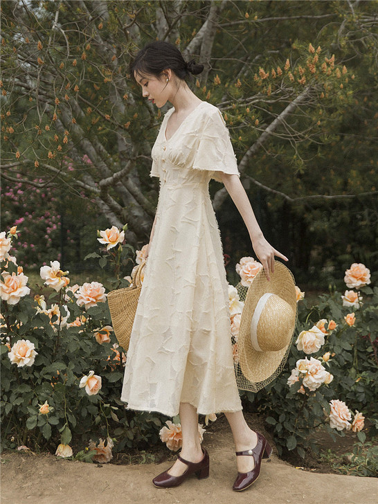 法式桔梗复古少女连衣裙收腰显瘦气质裙子仙女...