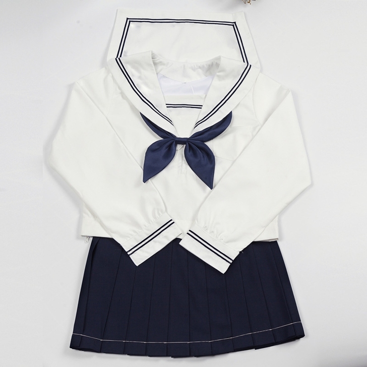 代发基础款长袖白二本+蓝色金鱼结+短裙