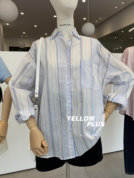 治愈衬衫~竖条纹女2021春季新款韩版宽松...