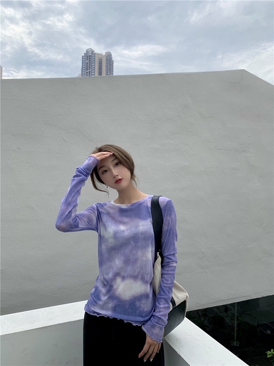 个性晕染长袖T恤韩系设计感小众打底衫秋冬大...