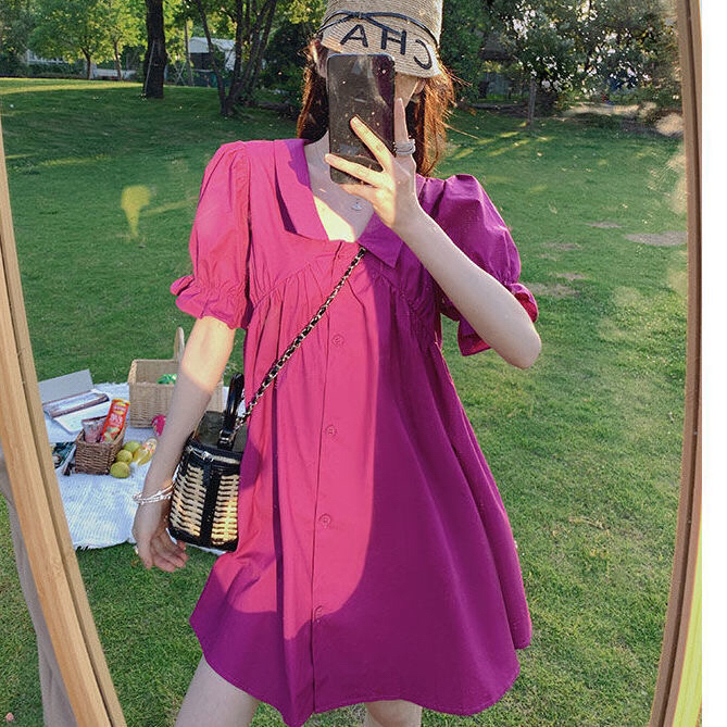 泡泡袖V领连衣裙