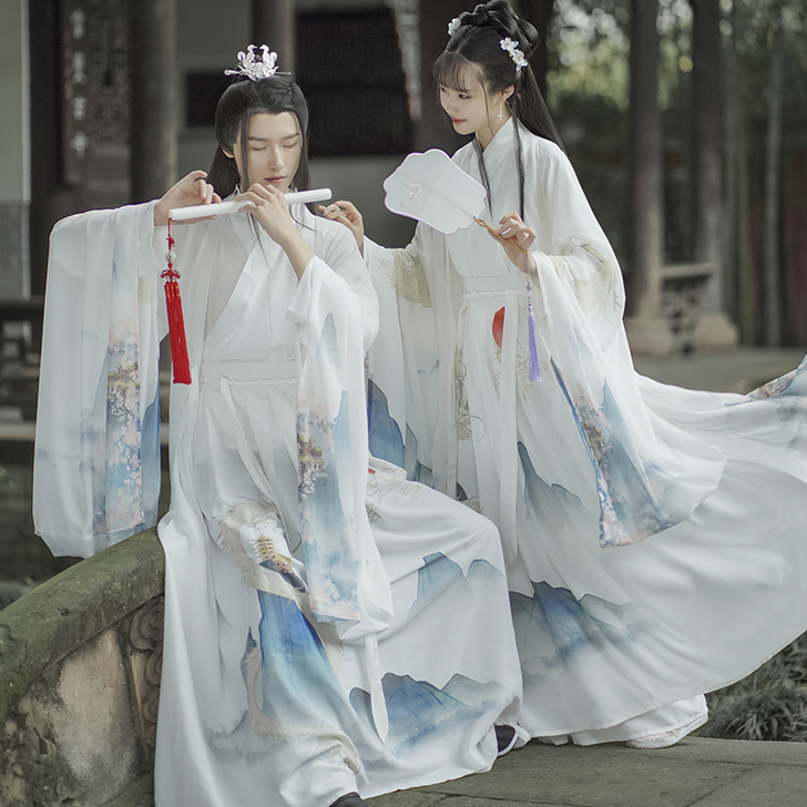 序绘龙围 汉服女交领齐腰襦裙印花水墨山薄款...