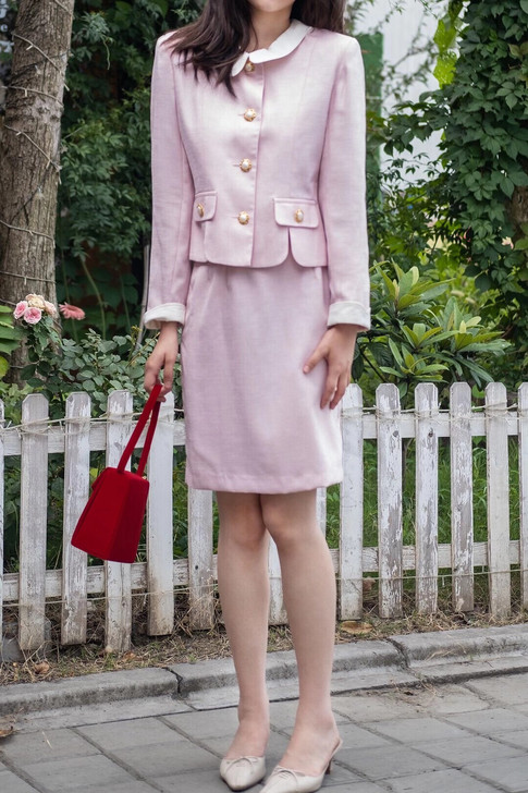 水无花音vintage淡粉色金扣珍珠套装9码