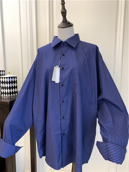 外贸整单竖条纹大版型情侣款下衣失踪长袖衬衫