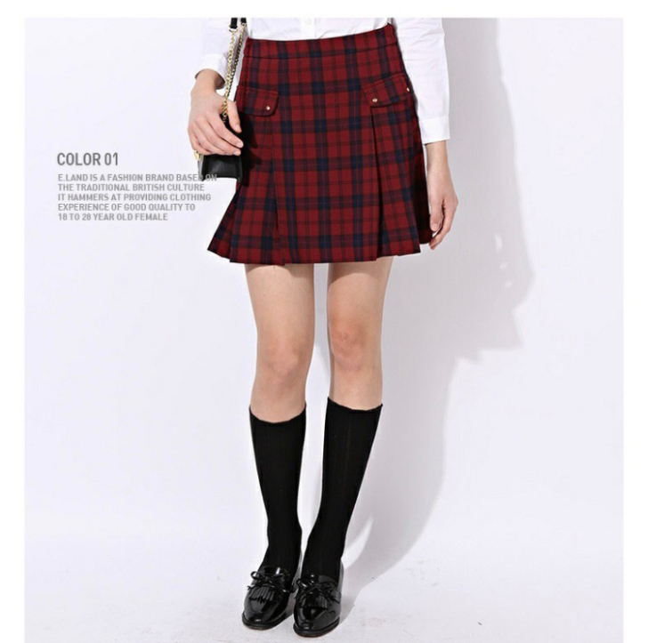ELAND衣恋短裙学院风深色格纹对称叠褶学...