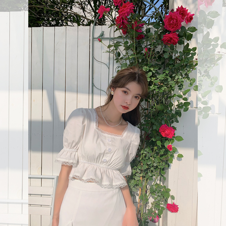 范智乔白色法式方领上衣女夏复古泡泡袖高腰设...