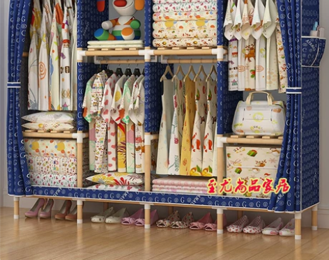 双人大号简易衣柜布艺实木布衣柜牛津布收纳衣...