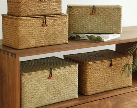 海草带盖收纳盒整理箱藤编竹编草编编织桌面零...