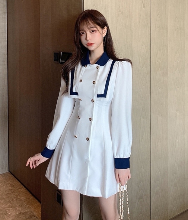 2021春秋新款女气质收腰a字裙撞色拼接海...