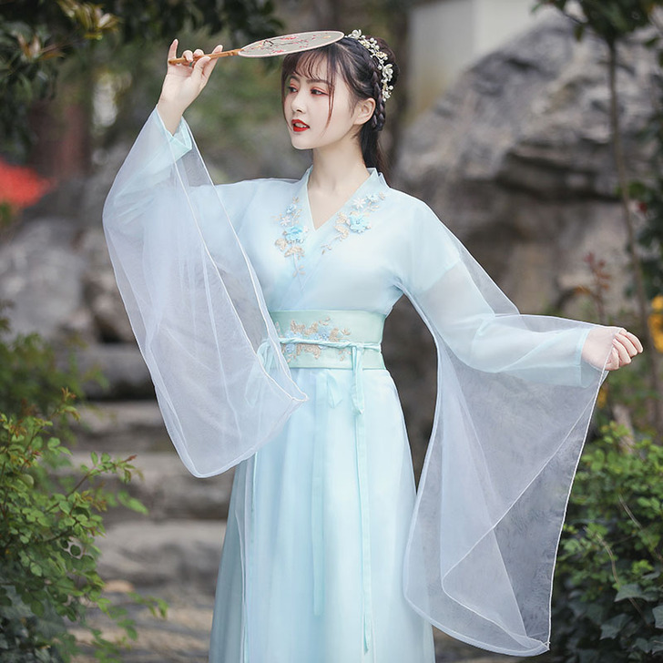 汉服女夏中国风原创古风蓝色古装广袖流仙裙改...