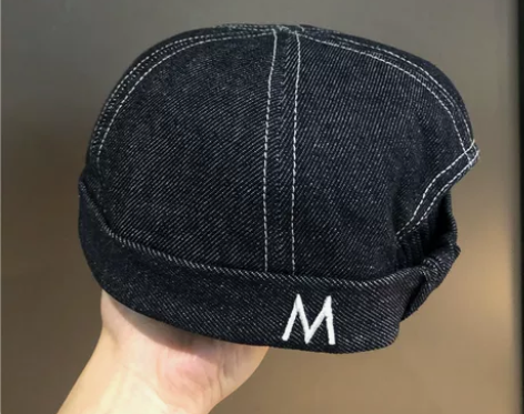 秋季牛仔瓜皮无檐地主帽女刺绣M字母雅痞帽时...