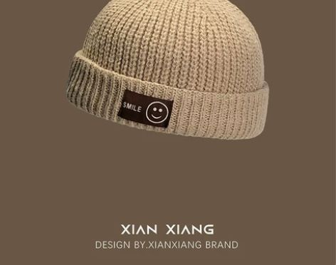 日系笑脸贴布毛线帽子女秋冬冷帽潮牌针织瓜皮...