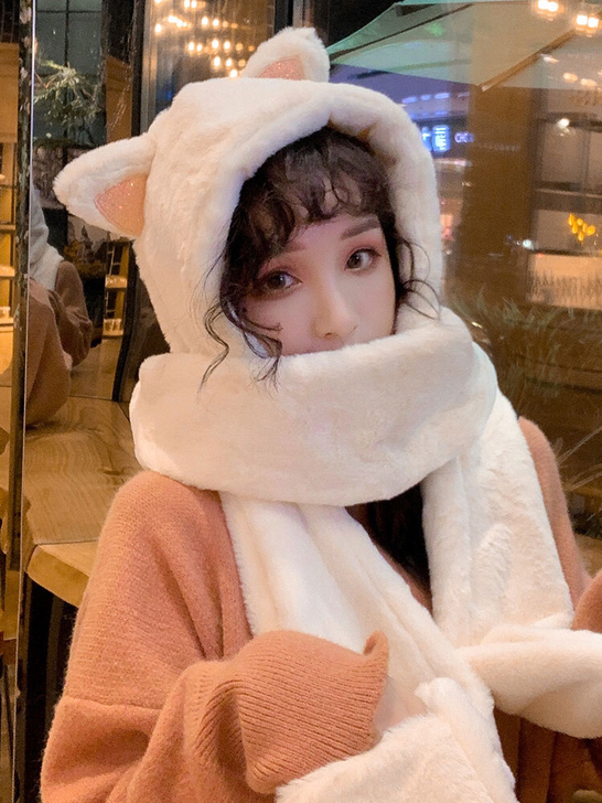 冬季百搭可爱猫耳朵帽子连围巾手套三件套，既...