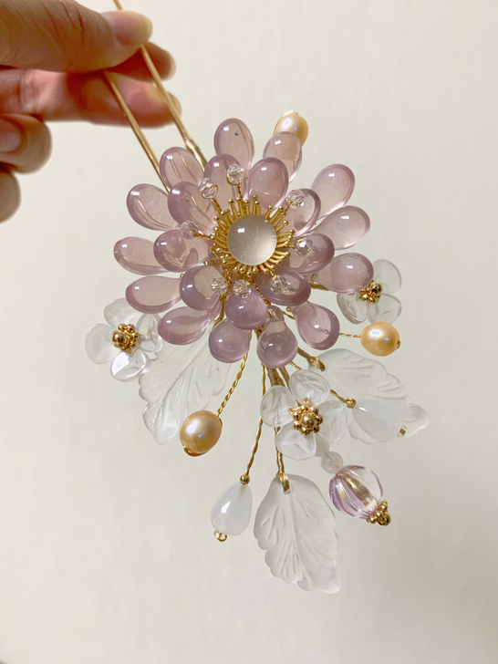 【紫云烟】古风琉璃藕紫多肉发簪发钗玉簪花