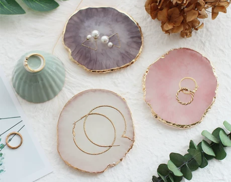 日系彩绘镀金边仿玛瑙树板脂调色盘成品展示板...