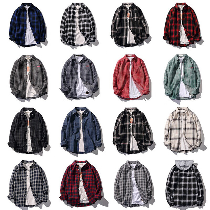 情侣BF原宿风衬衣男士春夏韩版宽松格子长袖...