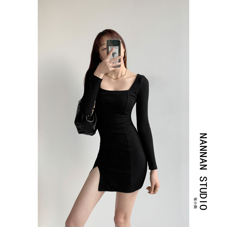 自制美式性感方领修身连衣裙女春秋小心机侧开...