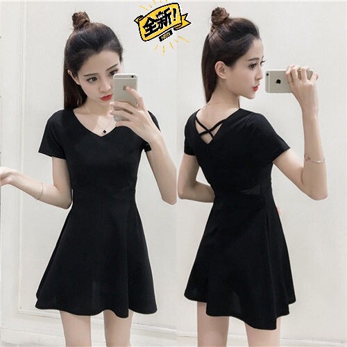 最后10几个夏季新款赫本小黑裙V领a字裙网...