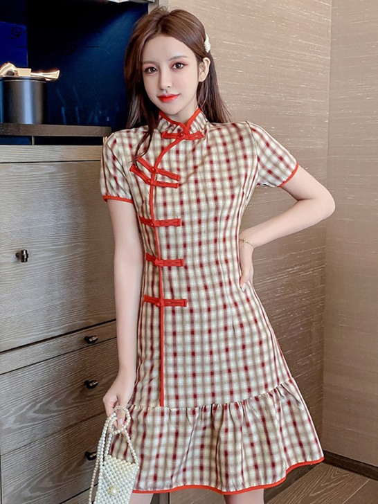 宁莎2020夏季新款改良版中国风格子连衣裙...