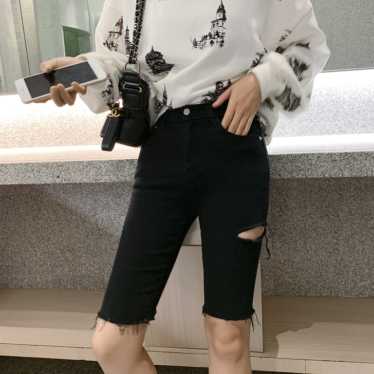 高腰牛仔短裤女2019夏新款外穿破洞直筒港...