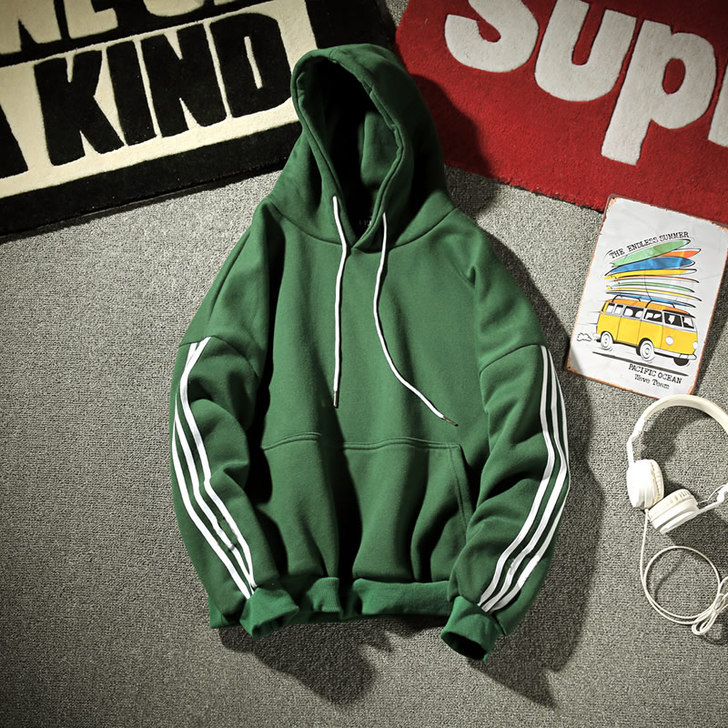 @二更原创 春季新款条纹连帽卫衣男士休闲宽...