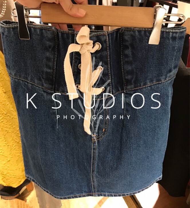 18年夏季新款 M高腰绑带后排扣牛仔半身裙...