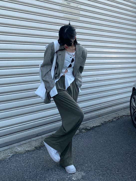 松本可可sbkk 咸菜绿冰丝裤/高腰直筒裤...