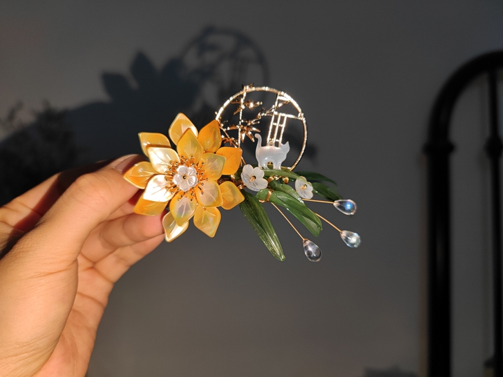 【晚茗手作】【猫猫与竹】汉服发饰蝶贝料器花花