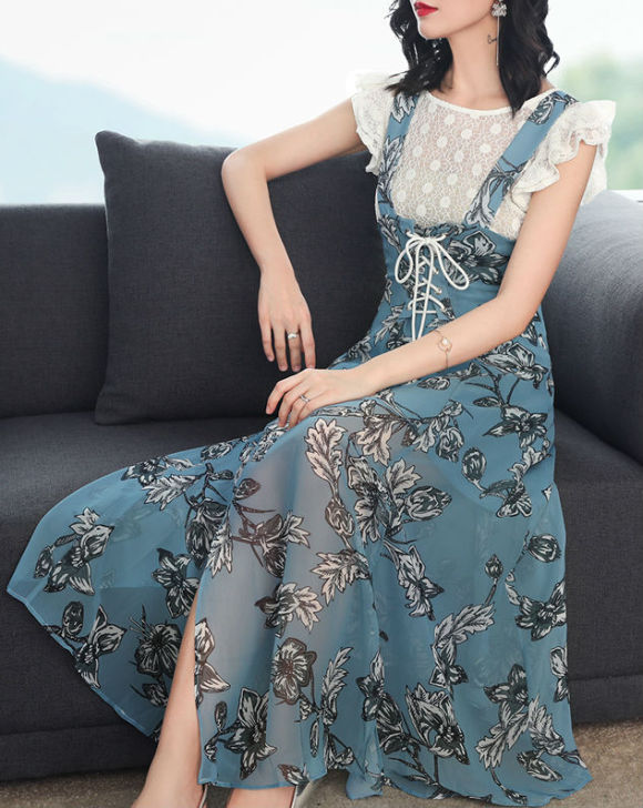 雪纺碎花背带裙两件套超仙收腰显瘦温柔长裙中...