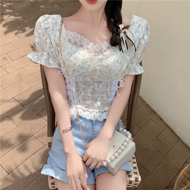 2021夏季新款法式小众抽绳系带短款修身蕾...