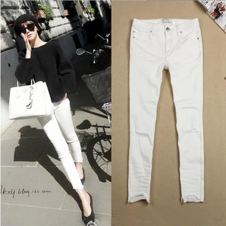 呛口小辣椒同款春夏磨白膝盖破洞牛仔白色铅笔...