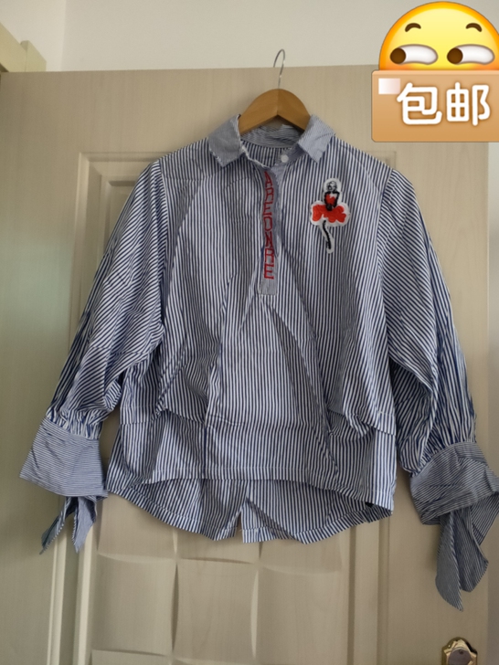 棉布条纹衬衫，套头，能穿120斤以内。袖口...