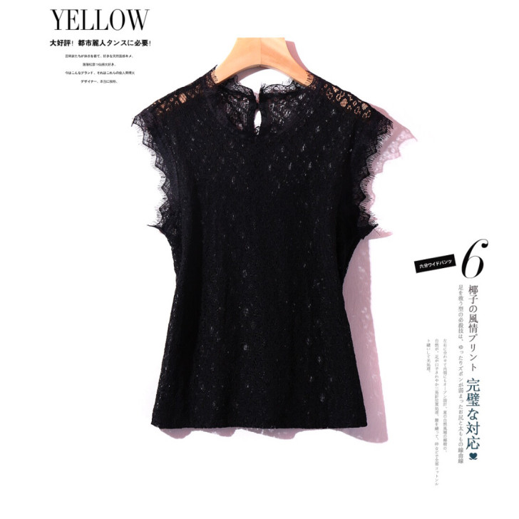 洋气时尚夏季短款打底衫无袖蕾丝衫仙女镂空性...