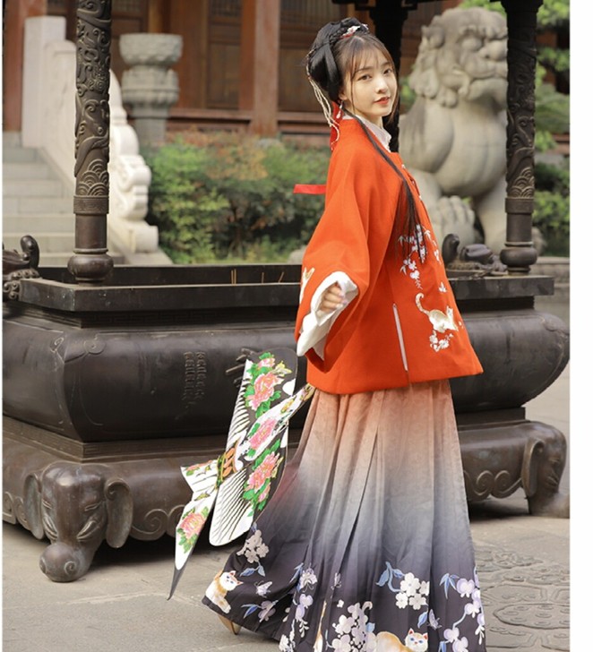 喵蝶醉五五年汉服女明制秋冬毛呢方领半袖立领...