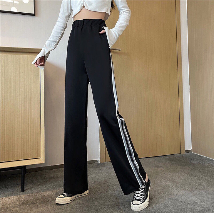 新款韩版条纹织带垂感显瘦直筒宽松休闲裤（s...