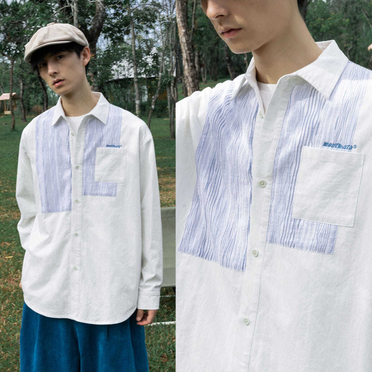 蒙马特先生 暖白色蓝条纹肌理拼接衬衫 小众...