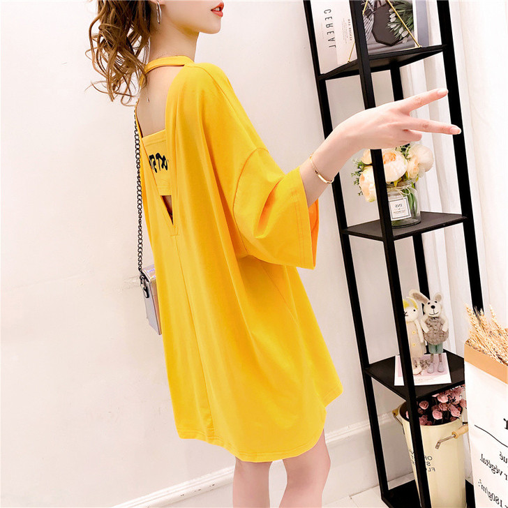 2019夏季新款短袖t恤女宽松中长款纯棉半...