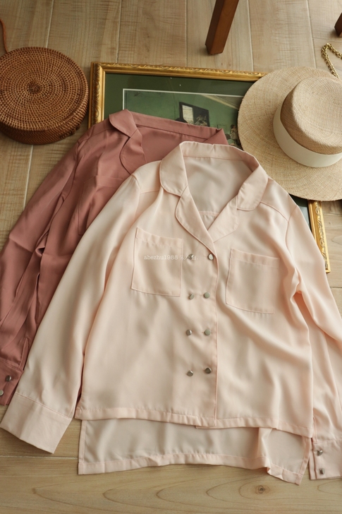 法式文艺范 垂坠感双口袋长袖薄衬衫 兩件版...