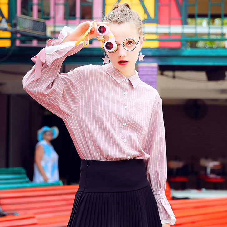 甜美洋气条纹衬衫女春装蝴蝶结长袖上衣设计感...