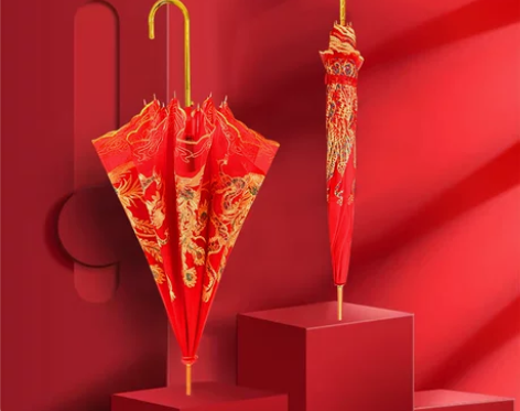 红伞婚庆结婚出嫁伞蕾丝花边刺绣长柄中式婚礼...