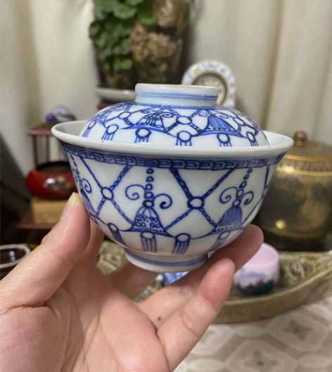 日本回流 老柴烧青花手绘盖碗 杯子口径11...