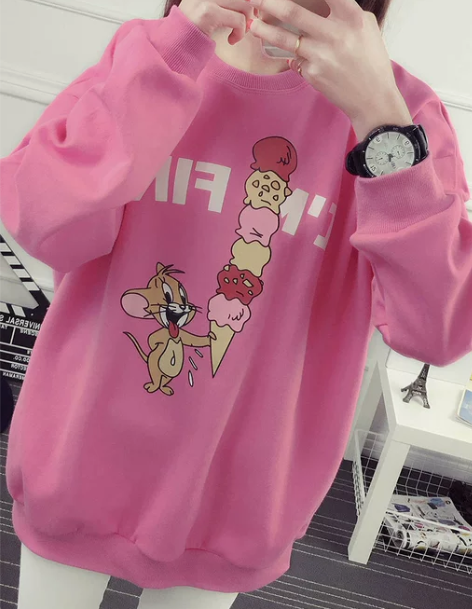 可爱减龄卡通印花春秋宽松休闲外穿打底圆领套...