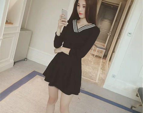 ?2017秋冬新款女装V领长袖连衣裙修身显...