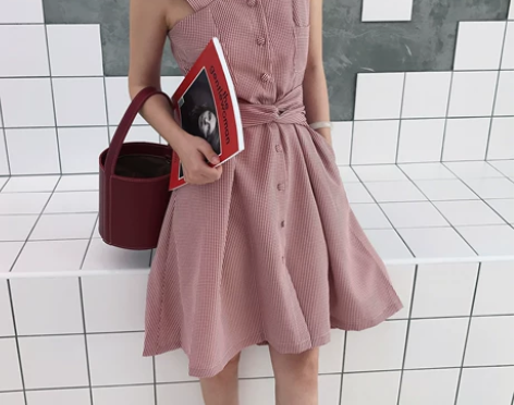 韩版小清新连衣裙女夏新款格子绑带学生裙复古...