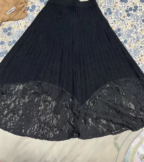 秋冬加厚针织半身裙中长款百皱蕾丝A字裙长裙...